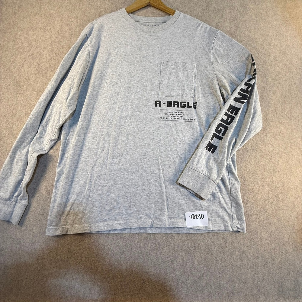 American Eagle Mens Gray Long Sleeve Graphic Pocket T-Shirt Size Large Standard